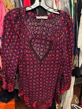 Trina Turk Navy Blouse with Pink Floral Pattern